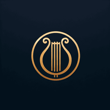 An icon of Minimal golden lyre, single clean arc, flat vector, dark background, two colors