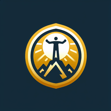 An icon of person on top of mountain badge