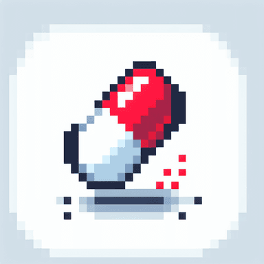 An icon of Red and white capsule 45 degrees, white background 16 pixels