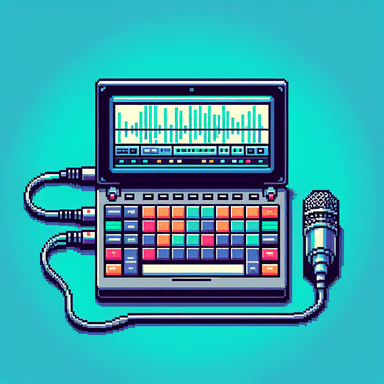 An icon of laptop with waveform on the display and connected  microphone